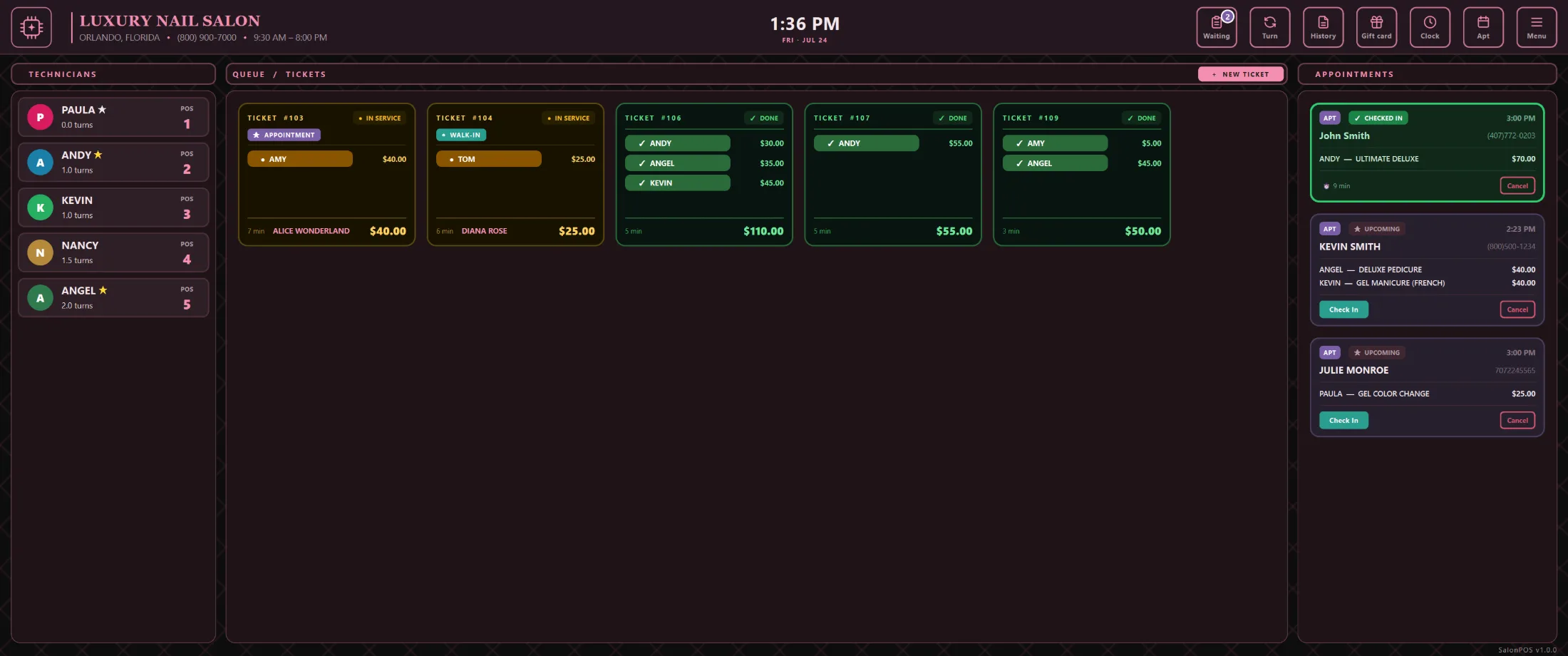 SalonPOS dashboard — Cherry Blossom Dark theme