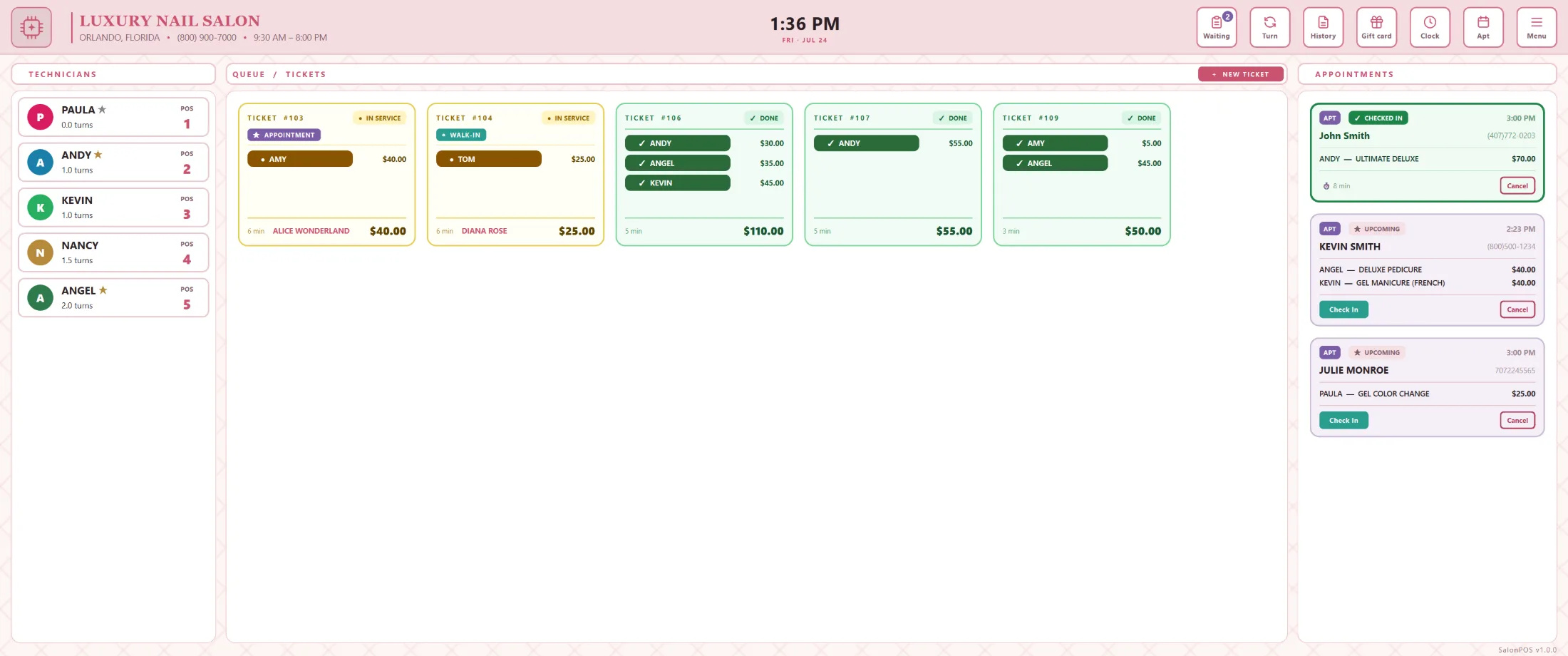 SalonPOS dashboard — Cherry Blossom Light theme