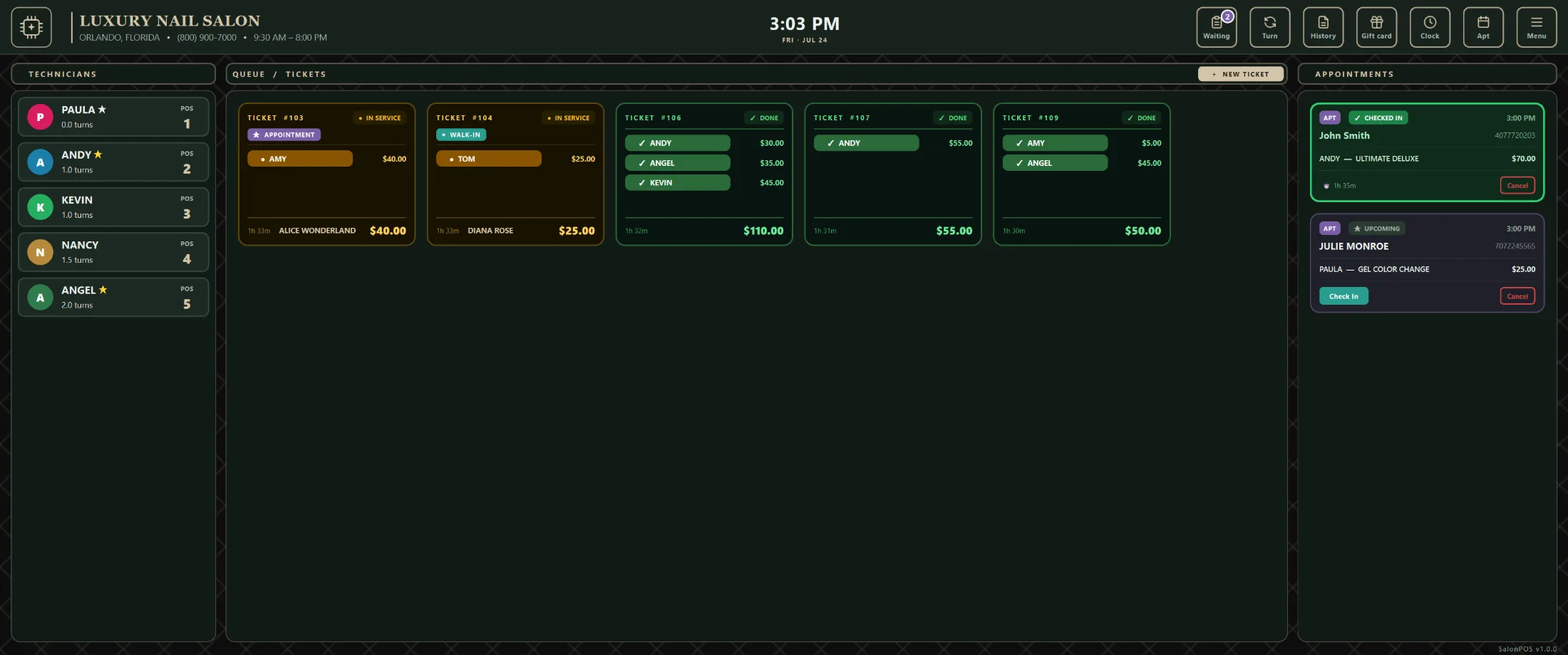 SalonPOS dashboard — Emerald Dark theme
