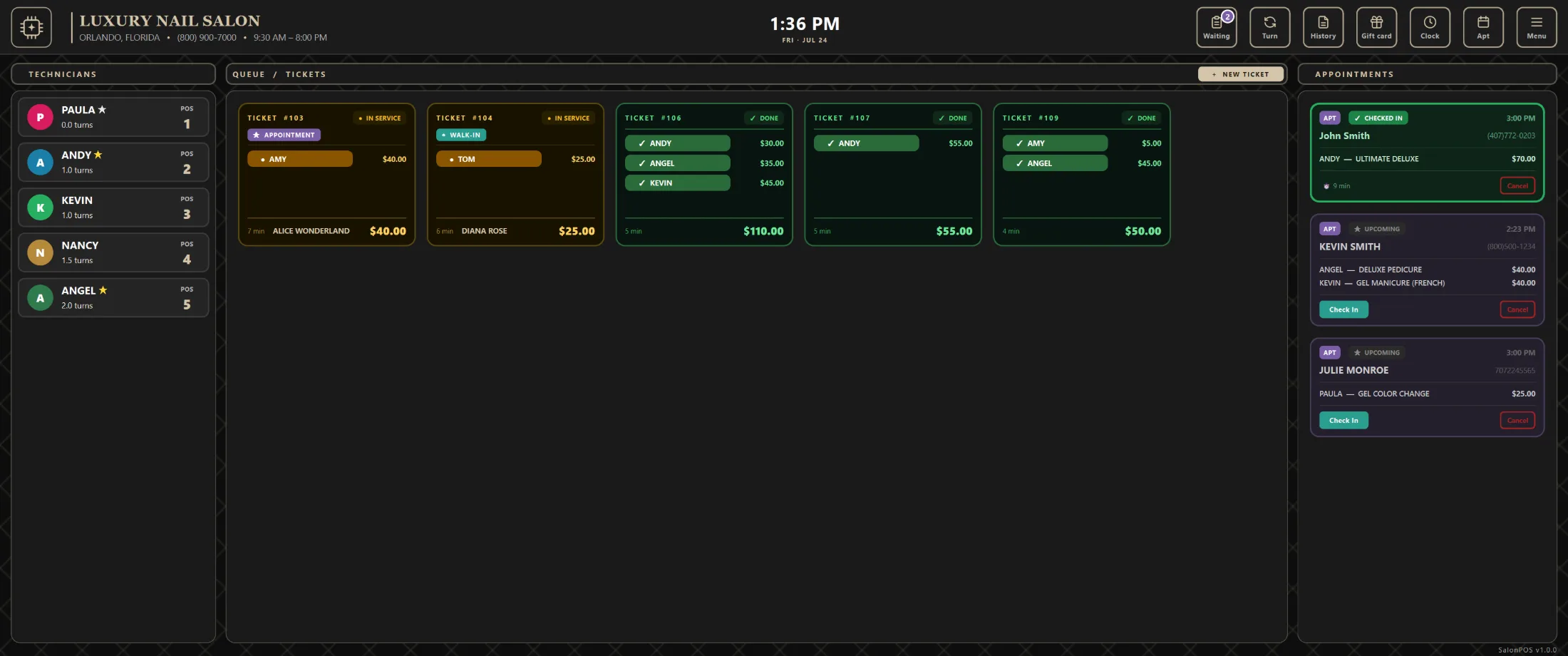SalonPOS dashboard — Luxury Dark theme