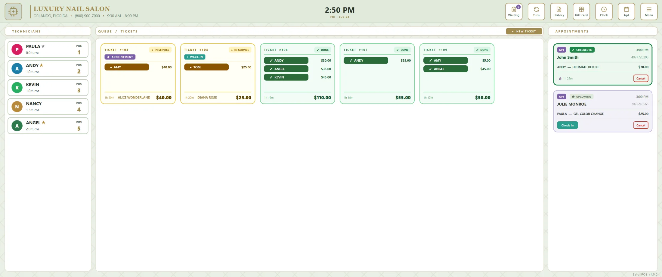 SalonPOS dashboard — Sage Light theme