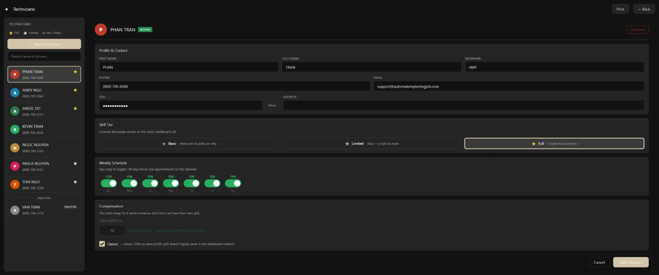 Technician profile screenshot